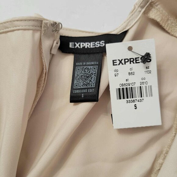 Express Champagne Satin Bow Front Lace Cap Sleeve Blouse Top SM Romantic Chic - Picture 3 of 6